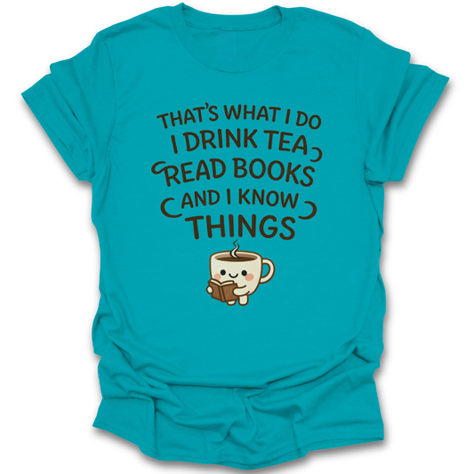 Turquoise t-shirt with a coffee cup and text design on a white background funny book reading literary t shirt
