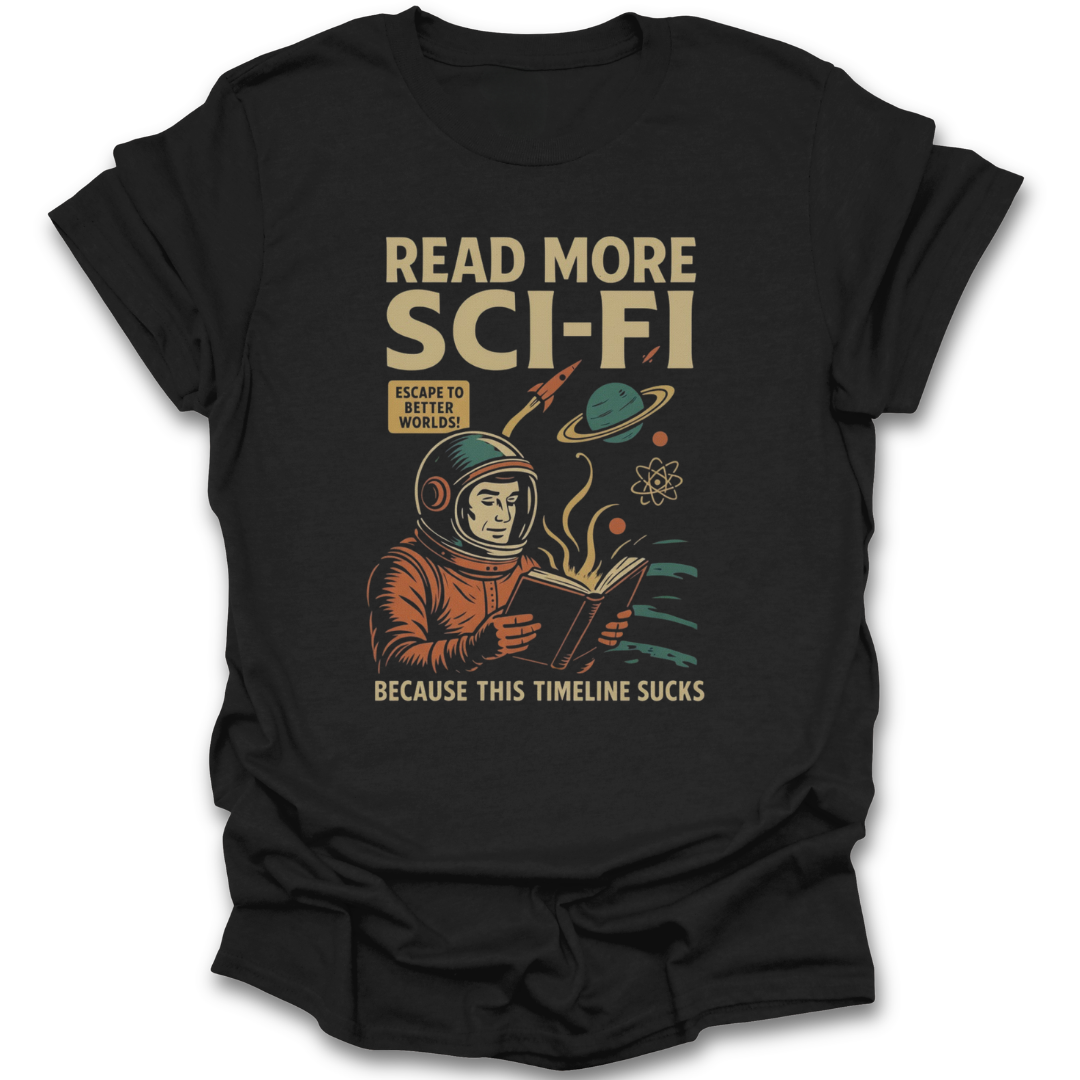Black t-shirt with an astronaut graphic and text on a white background funny book reading literary t shirt science fiction sci fi t shirt