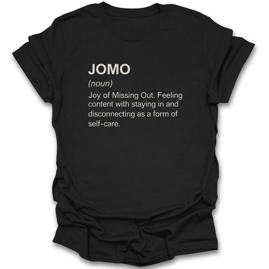 Black t-shirt with 'JOMO' definition text on a white background funny book reading literary t shirt