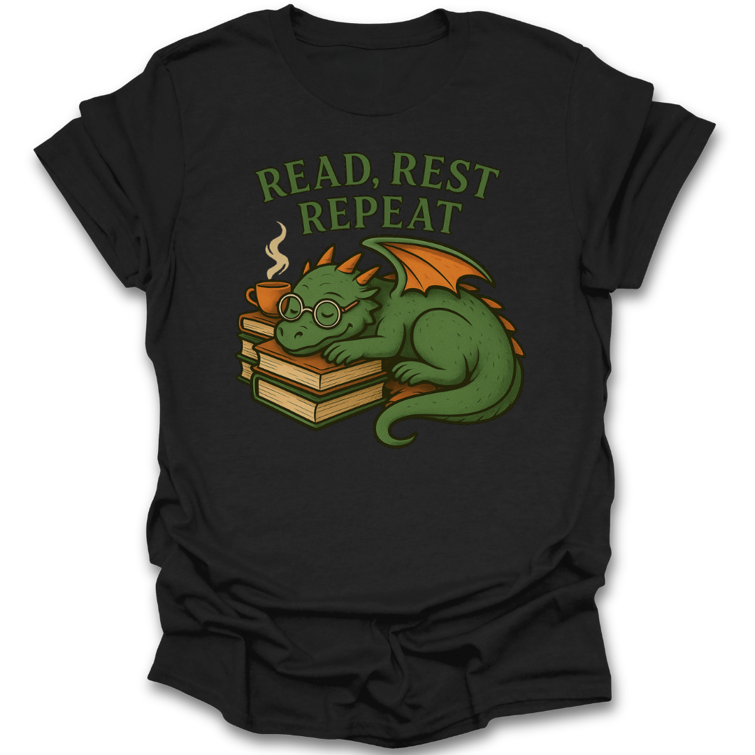 Black t-shirt with a dragon graphic and 'Read, Rest Repeat' text on a white background fantasy cute book reading literary t shirt