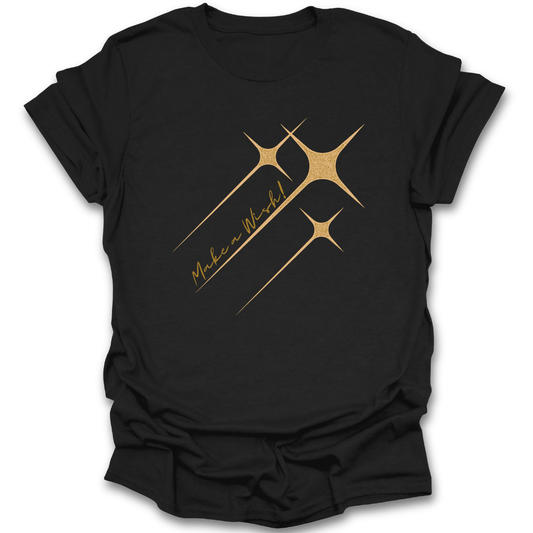 Black t-shirt with gold star design and text on a white background fantasy fairy tale book reading literary t shirt