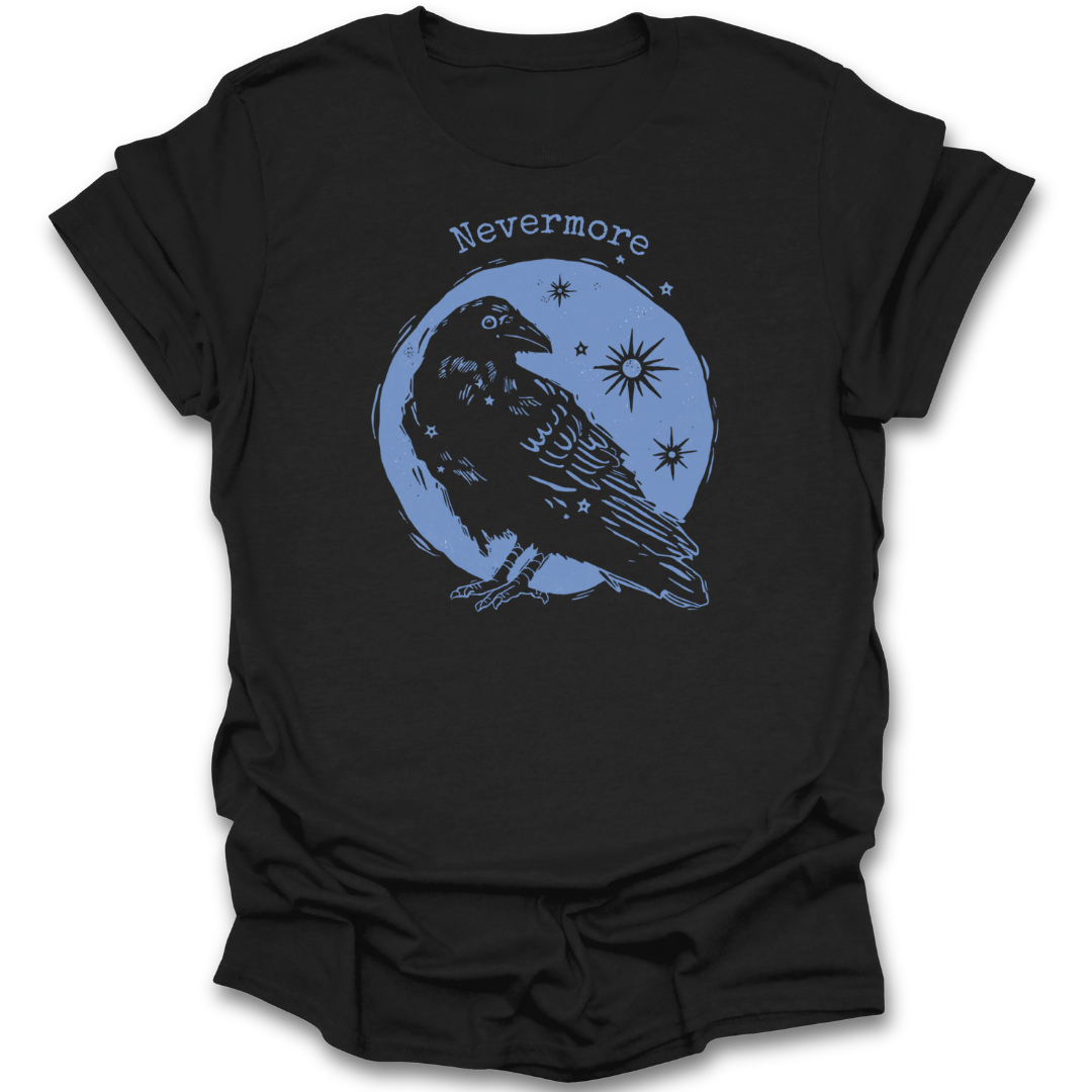 Black t-shirt with a crow and 'Nevermore' text design on a white background funny book reading literary t shirt edgar allen poe poetry
