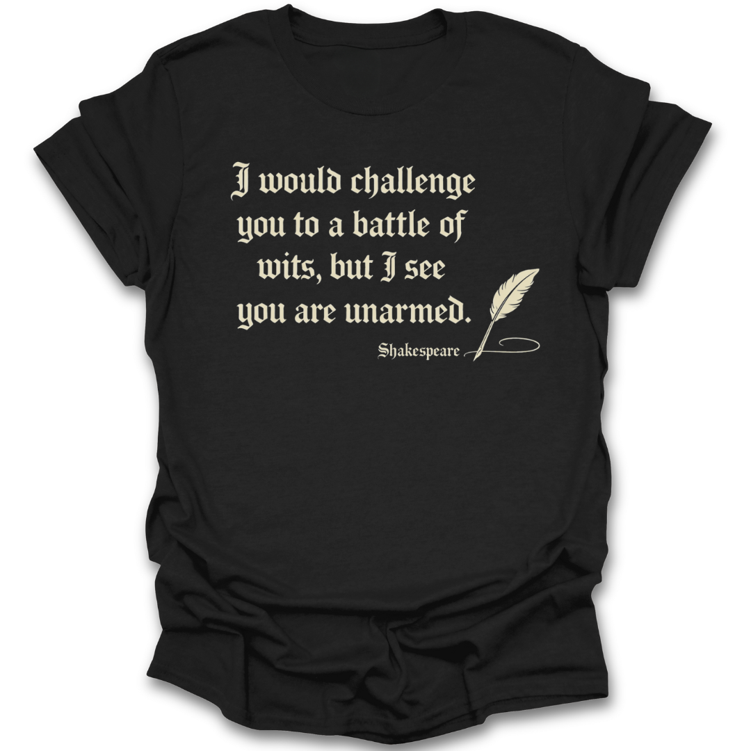 Black t-shirt with Shakespearean quote and feather graphic on a white background funny book reading literary t shirt