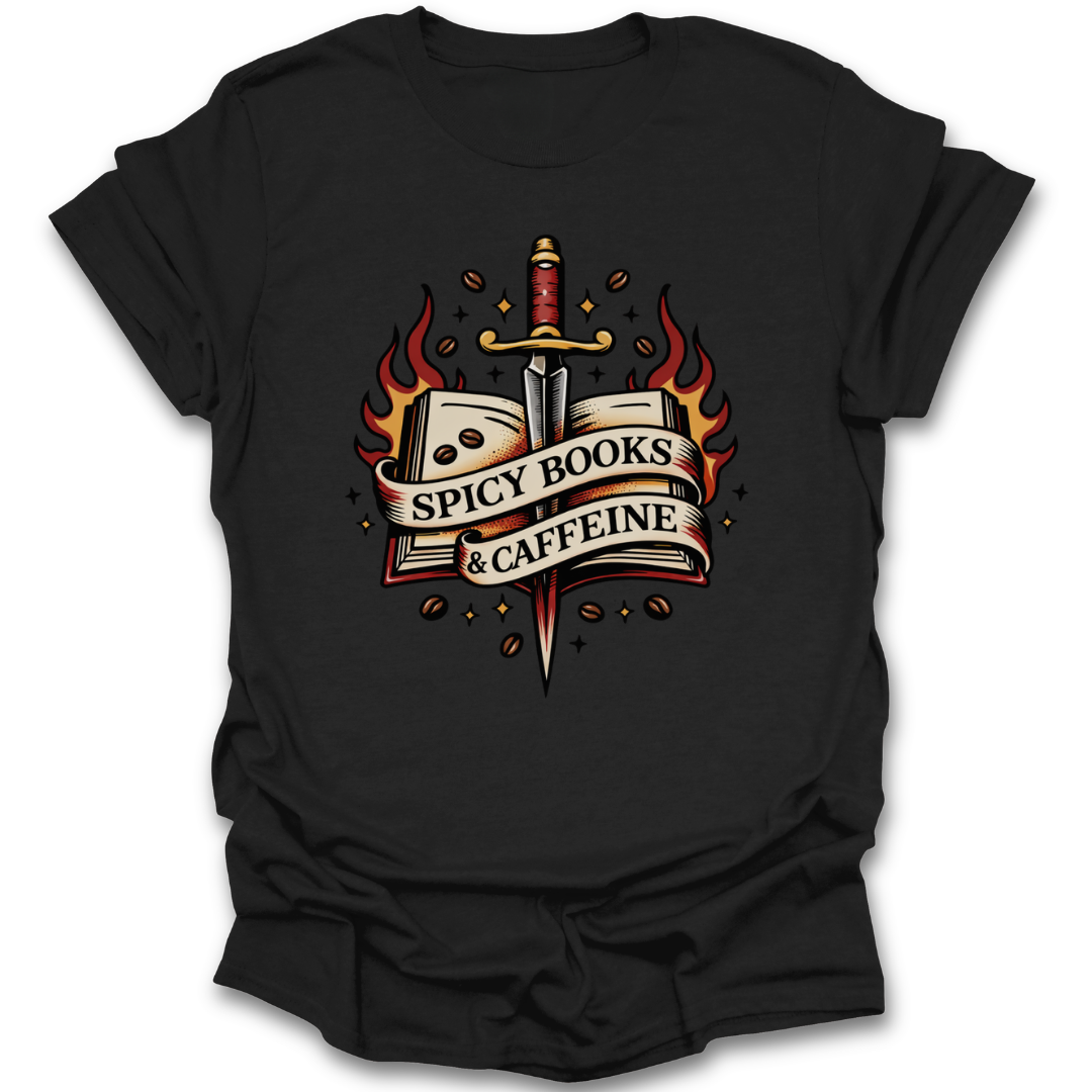 Black t-shirt with a graphic design featuring a sword, book, and coffee beans on a white background. spicy books and caffeine shirt, romance reader shirt, book lover t-shirt, spicy book shirt, romantasy shirt, reading shirt for women, bookish apparel, coffee and books shirt