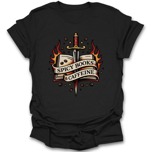 Black t-shirt with a graphic design featuring a sword, book, and coffee beans on a white background. spicy books and caffeine shirt, romance reader shirt, book lover t-shirt, spicy book shirt, romantasy shirt, reading shirt for women, bookish apparel, coffee and books shirt