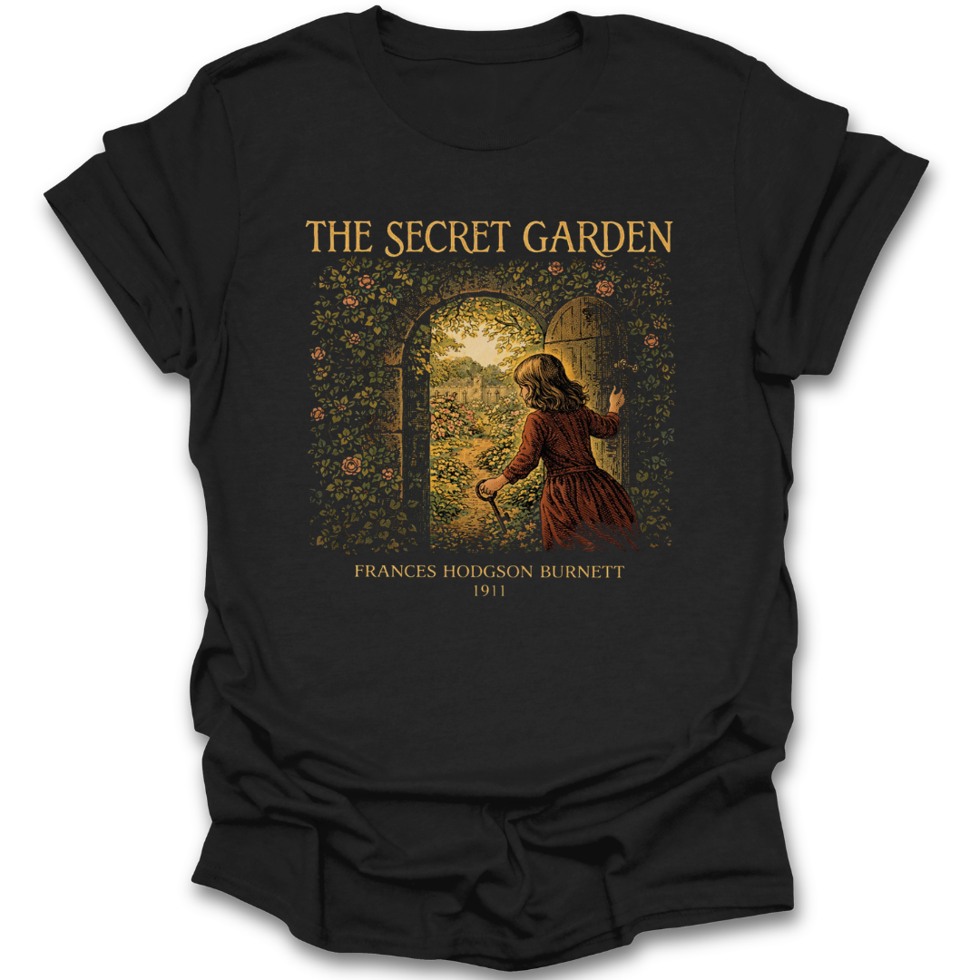 Black t-shirt with 'The Secret Garden' graphic design featuring a girl at an archway. he secret garden shirt, frances hodgson burnett shirt, classic book t-shirt, literary shirt, book lover gift, children’s literature shirt, vintage book tee, reader apparel, librarian gift, teacher gift