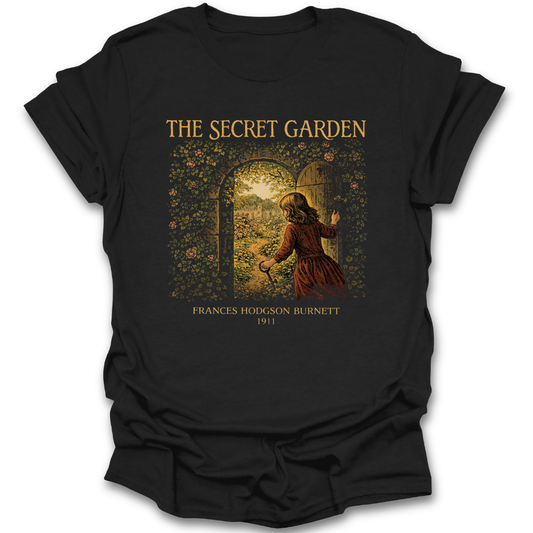 Black t-shirt with 'The Secret Garden' graphic design featuring a girl at an archway. he secret garden shirt, frances hodgson burnett shirt, classic book t-shirt, literary shirt, book lover gift, children’s literature shirt, vintage book tee, reader apparel, librarian gift, teacher gift