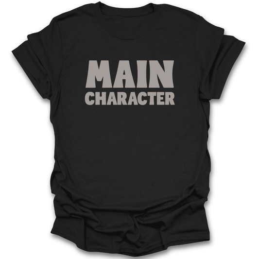 Black t-shirt with 'MAIN CHARACTER' text on a white background funny book reading t shirt