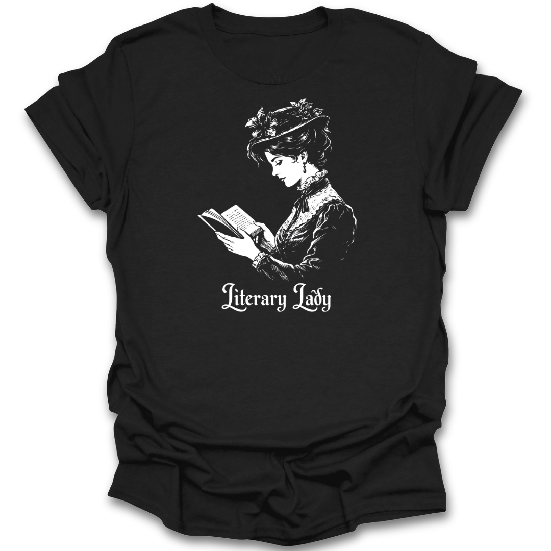 Black t-shirt with a graphic of a woman reading a book and the text 'Literary Lady' on a white background.  funny book reading literary t shirt