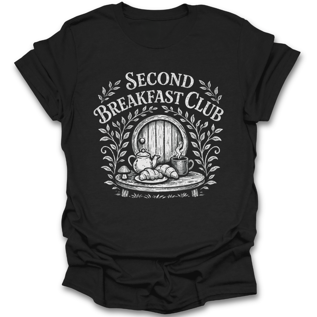 Black t-shirt with 'Second Breakfast Club' graphic design on a white background. second breakfast shirt, book lover cozy tee, fantasy reader shirt, bookish aesthetic shirt, bibliophile gift, cozy reading apparel, bookworm shirt, cottagecore book tee LOR hobbit