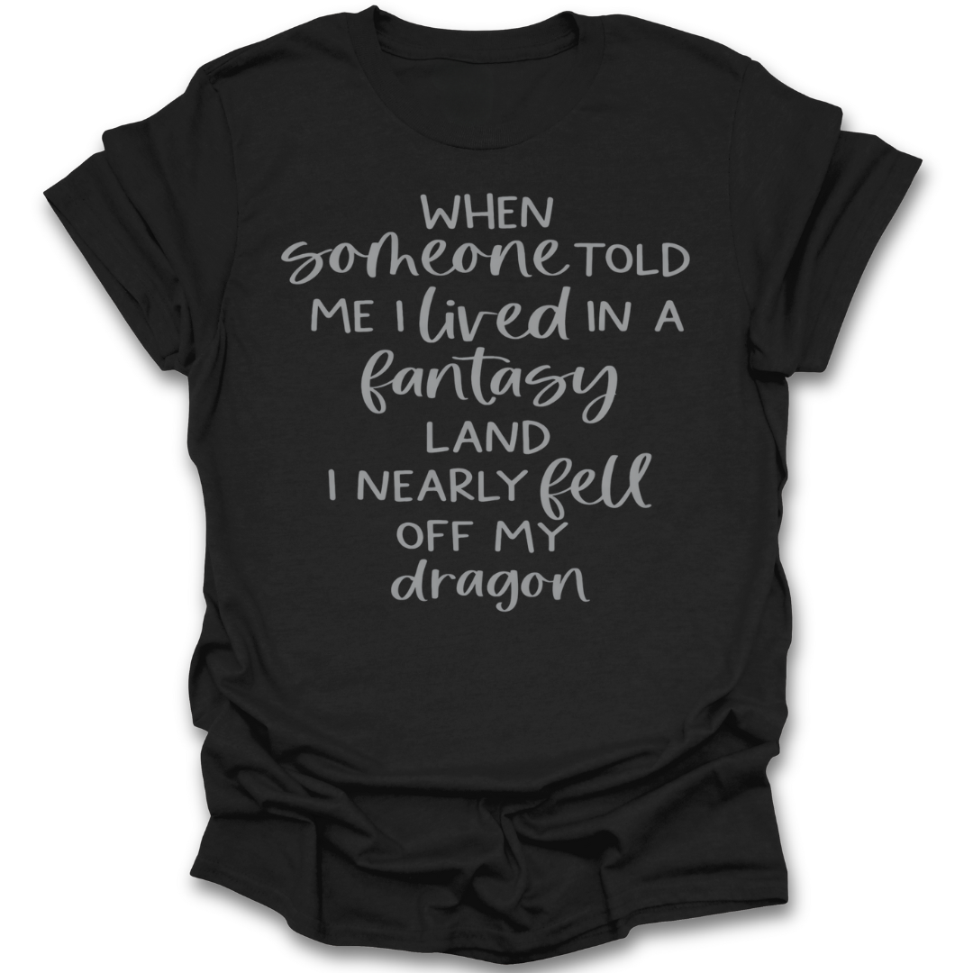 Black t-shirt with white text on a white background fantasy book reading t shirt
