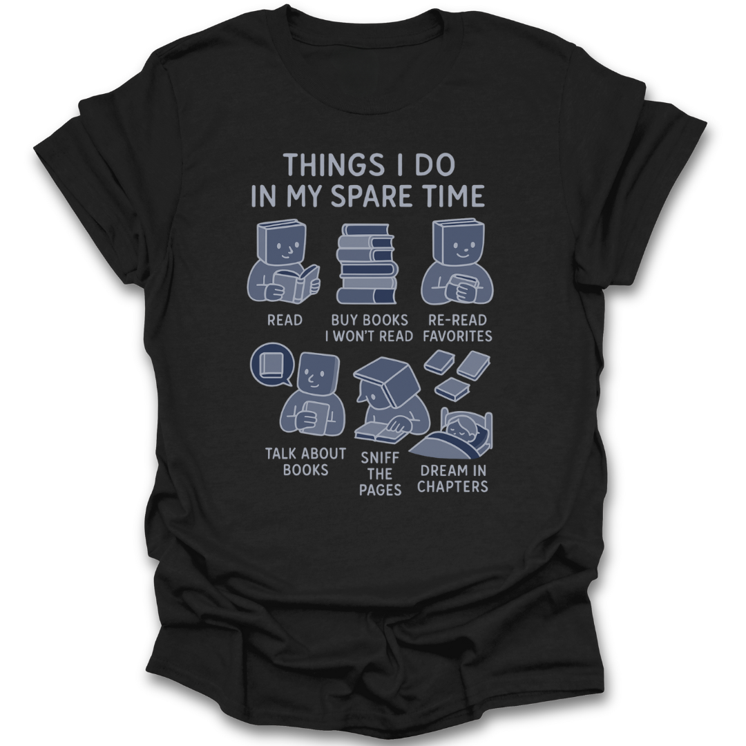 Black t-shirt with white text and book-themed graphics on a white background funny book reading literary t shirt