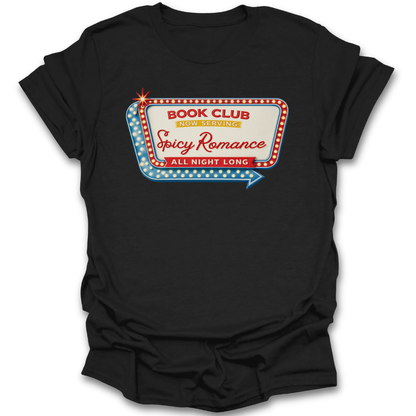 Black t-shirt with a colorful book club graphic on a white background spicy romance funny book reading literary t shirt