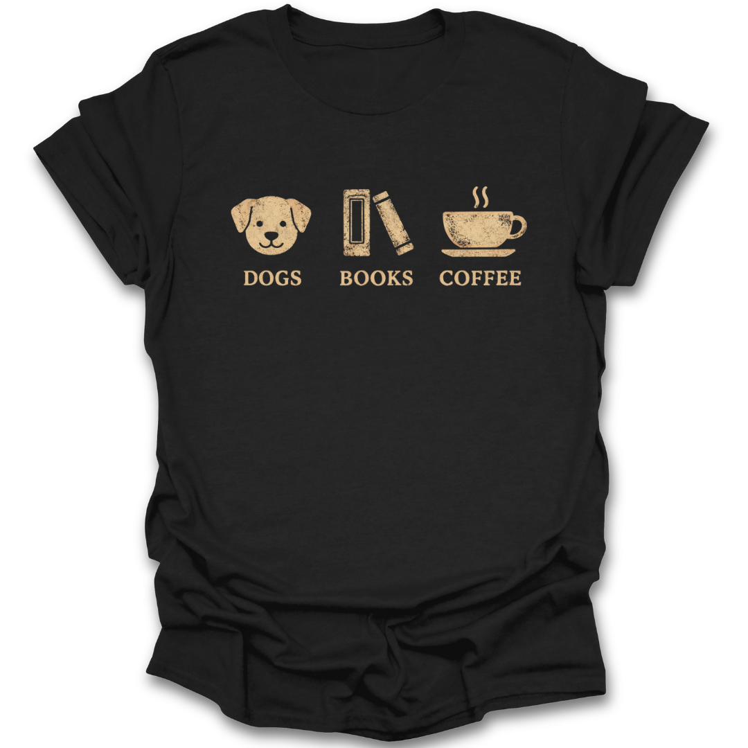 Black t-shirt with 'DOGS', 'BOOKS', and 'COFFEE' graphic design on a white background book reading literary t shirt