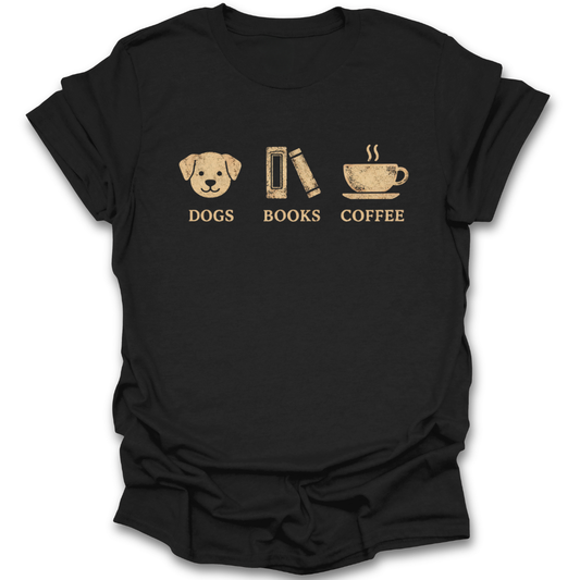 Black t-shirt with 'DOGS', 'BOOKS', and 'COFFEE' graphic design on a white background book reading literary t shirt