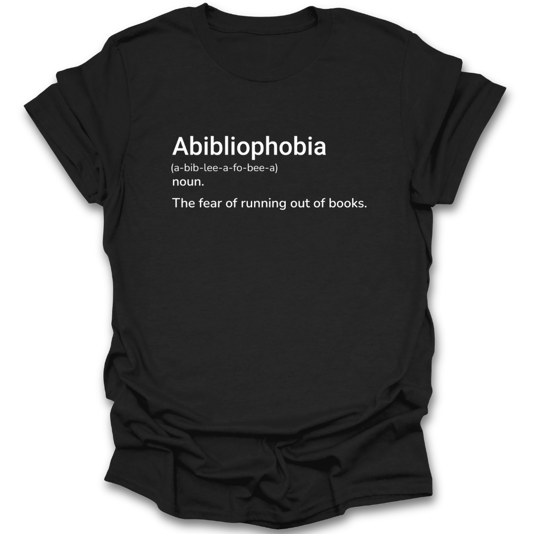 Black t-shirt with 'Abibliophobia' definition text on a white background funny book reading literary t shirt