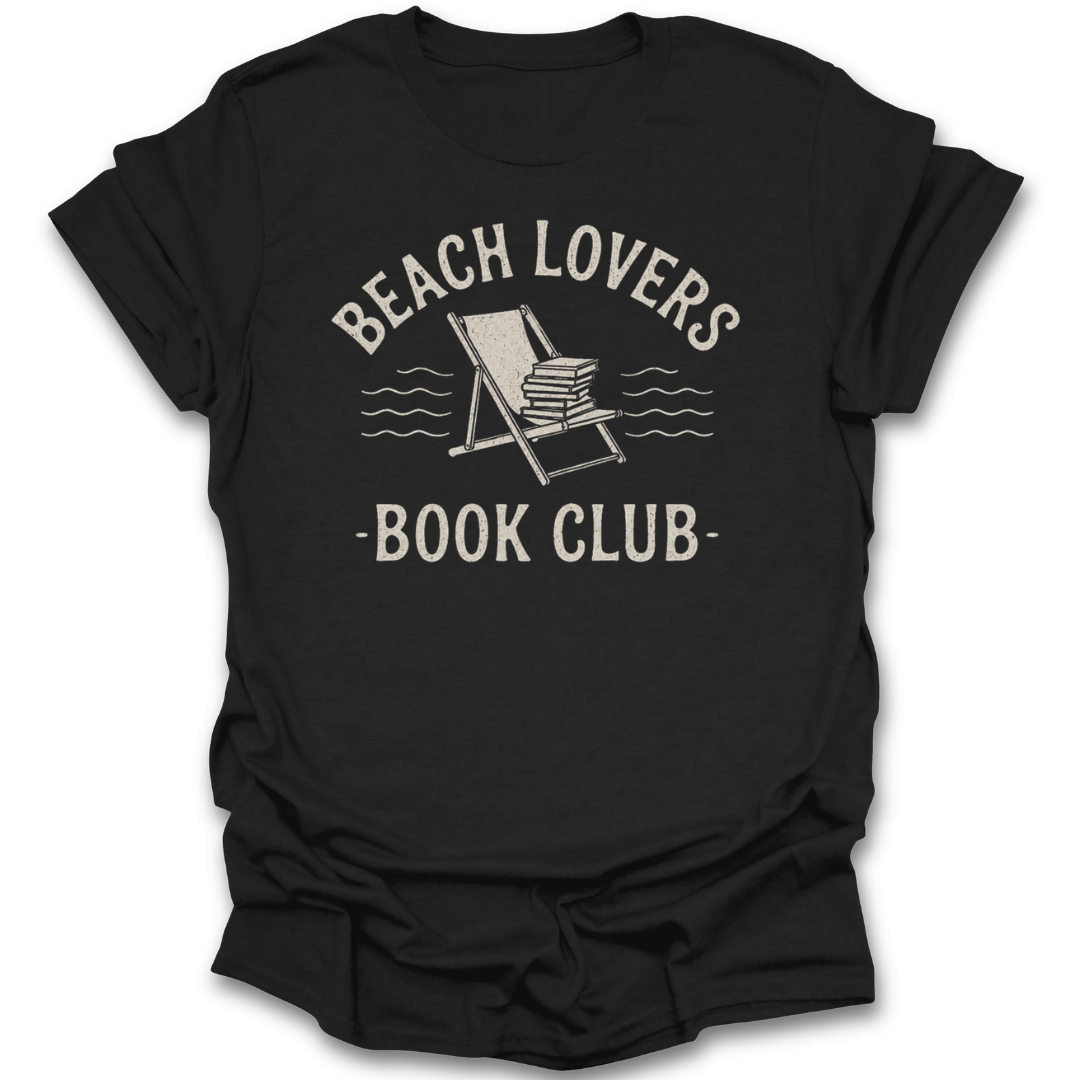 Black t-shirt with 'Beach Lovers Book Club' graphic design on a white background