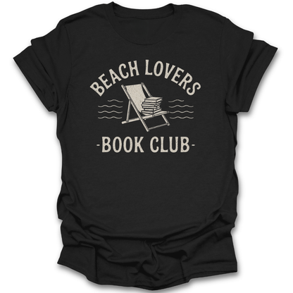 Black t-shirt with 'Beach Lovers Book Club' graphic design on a white background