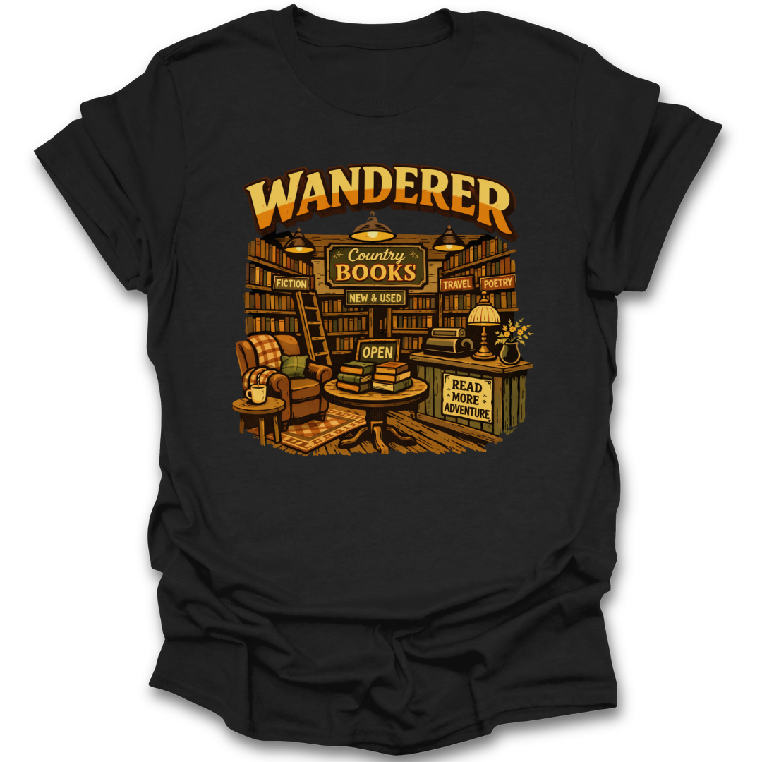 Black t-shirt with a graphic of a bookshop and 'Wanderer' text on a white background book lover shirt, bookstore shirt, reading t-shirt, bookworm shirt, literary shirt, cozy reader tee, indie bookstore shirt, used bookstore shirt, librarian gift, book club shirt, reader gift, bookish apparel, vintage book shirt, literature lover shirt.