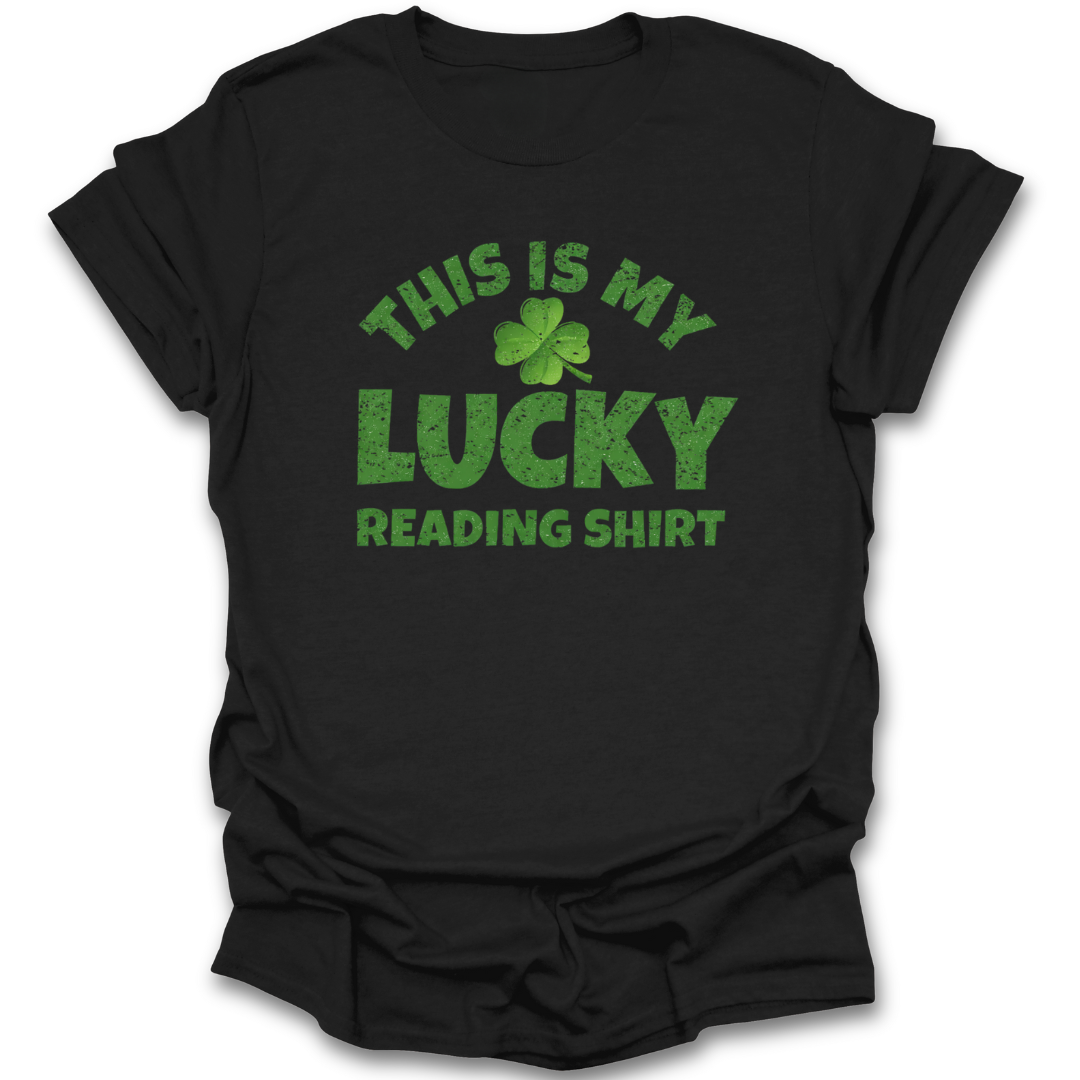 Black t-shirt with green text and shamrock graphic on a white background st patricks day funny book reading literary t shirt