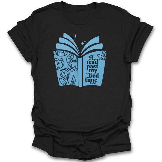 Black t-shirt with a blue graphic of an open book and text on a white background reading past my bedtime funny book reading literary t shirt