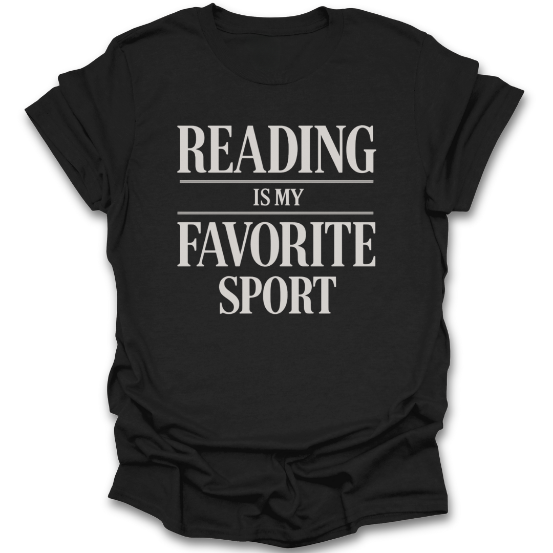 Black t-shirt with 'READING IS MY FAVORITE SPORT' text on a white background funny book reading literary t shirt