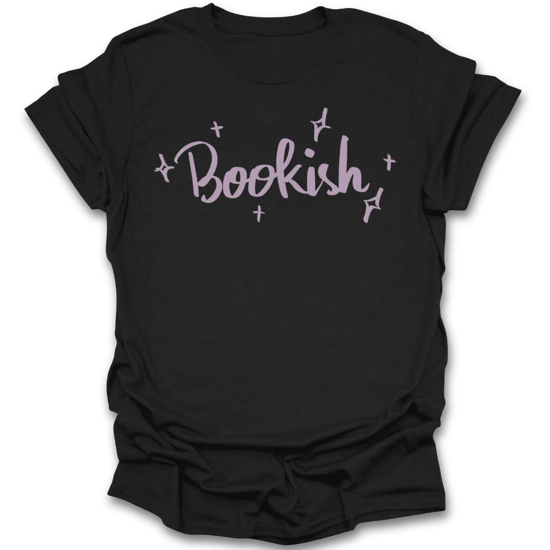 black t-shirt with bookish in pink text funny book reading literary t shirt