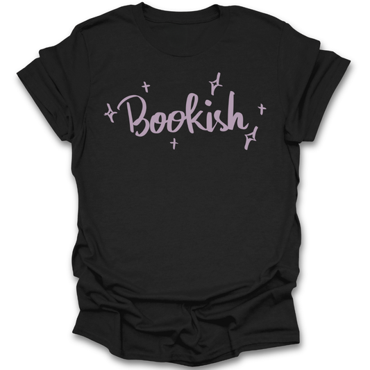 black t-shirt with bookish in pink text funny book reading literary t shirt