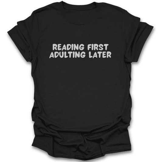 Black t-shirt with 'I'd Rather Be Reading' text on a white background funny book reading literary t shirt
