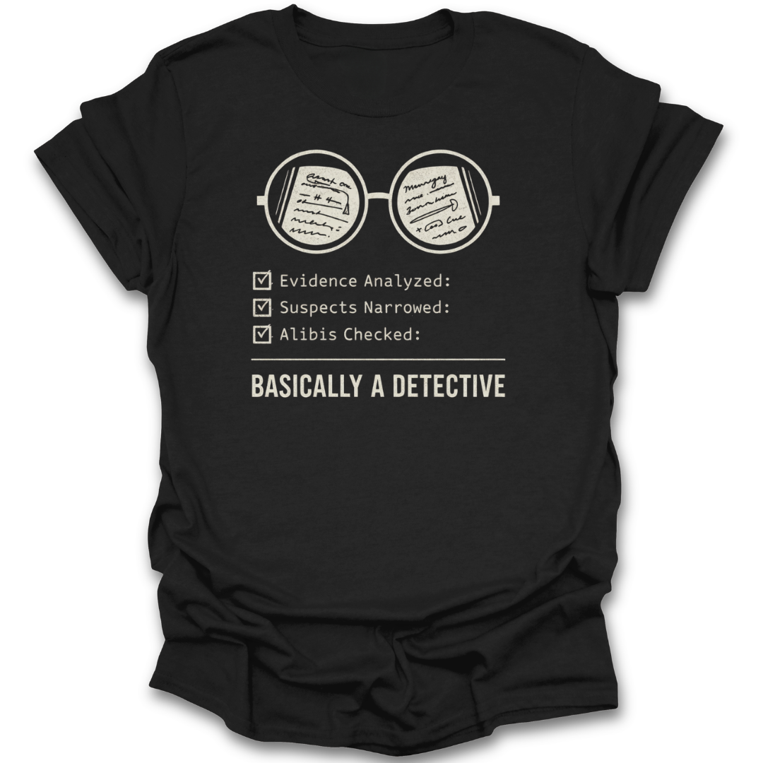 Black t-shirt with white graphic and text on a white background mystery book shirt, detective book lover shirt, book lover shirt, mystery reader gift, cozy mystery shirt, thriller reader shirt, Sherlock Holmes gift, bookworm apparel, reader gift, bibliophile shirt.