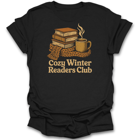 Black t-shirt with 'Cozy Winter Readers Club' graphic featuring books and a mug. book literary t shirt