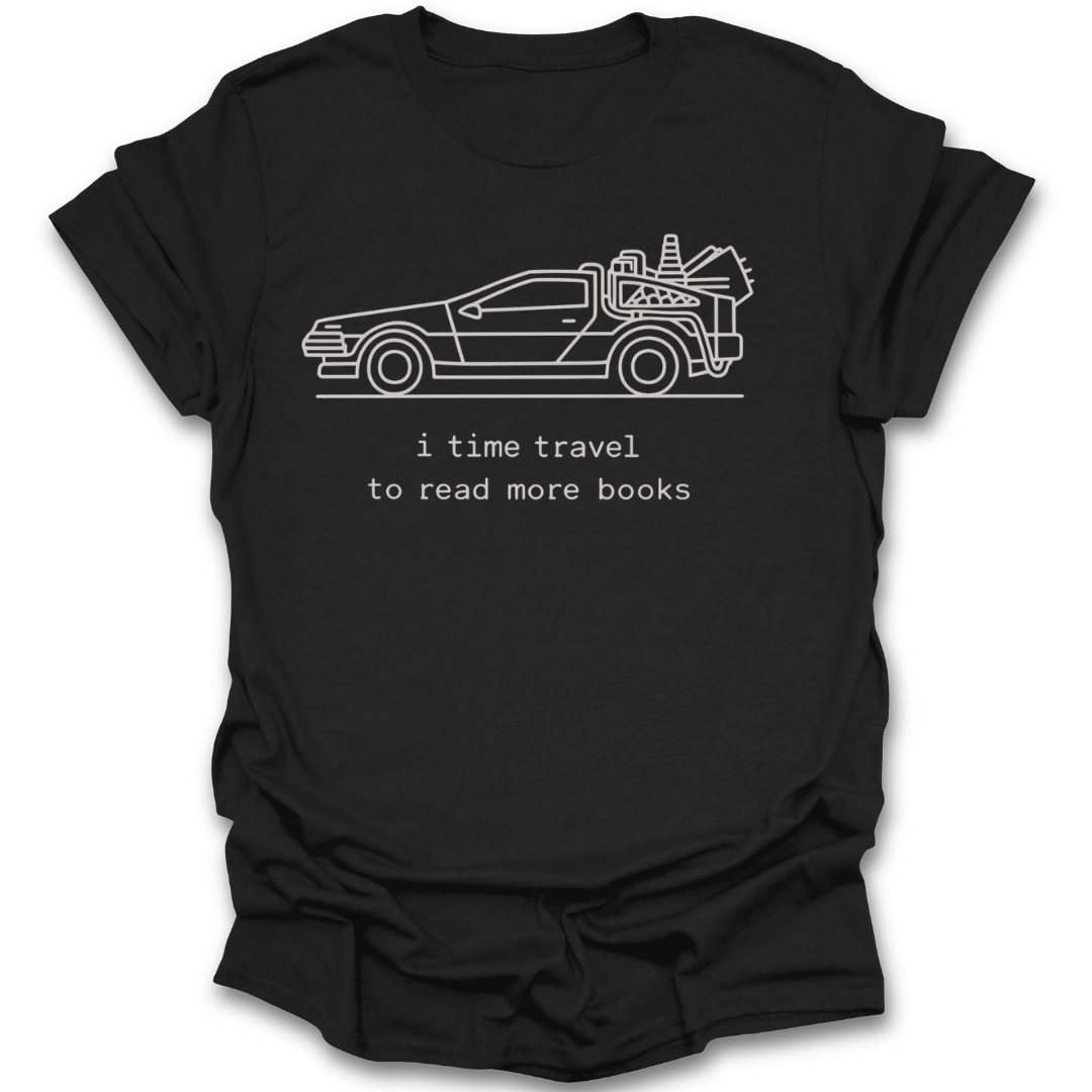 Brown t-shirt with a graphic of a car and text 'i time travel to read more books' on a white background science fiction funny book reading literary t shirt