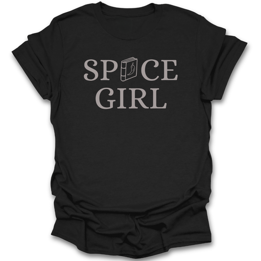Black t-shirt with 'SPICE GIRL' text on a white background funny book reading t shirt