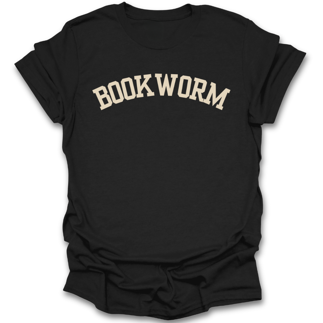 Black t-shirt with 'BOOK WORM' text on a white background funny book reading literary t shirt