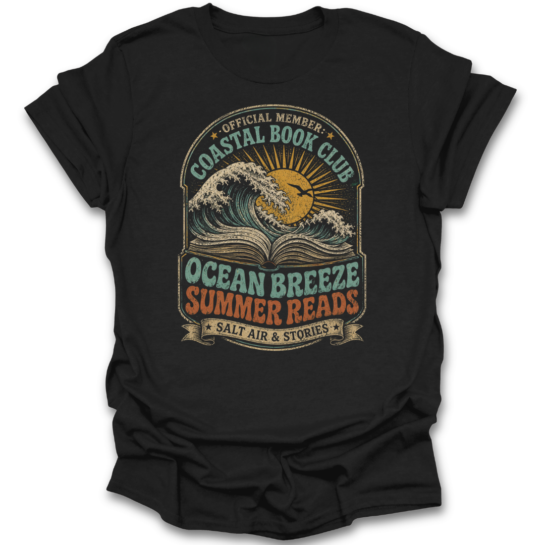 Black t-shirt with 'Coastal Book Club' graphic design featuring waves and sun.