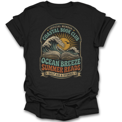 Black t-shirt with 'Coastal Book Club' graphic design featuring waves and sun.