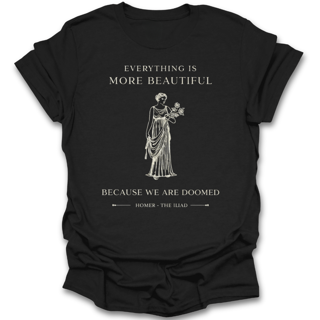 Black t-shirt with white graphic and text on a white background poetry book reading literary t shirt