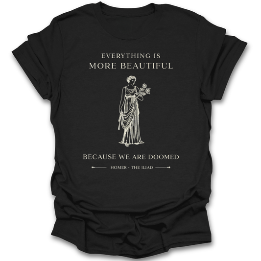 Black t-shirt with white graphic and text on a white background poetry book reading literary t shirt