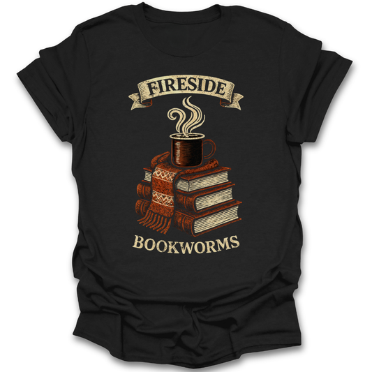 Black t-shirt with 'Fireside Bookworms' graphic design featuring a cup of coffee and books cozy book reading literary t shirt