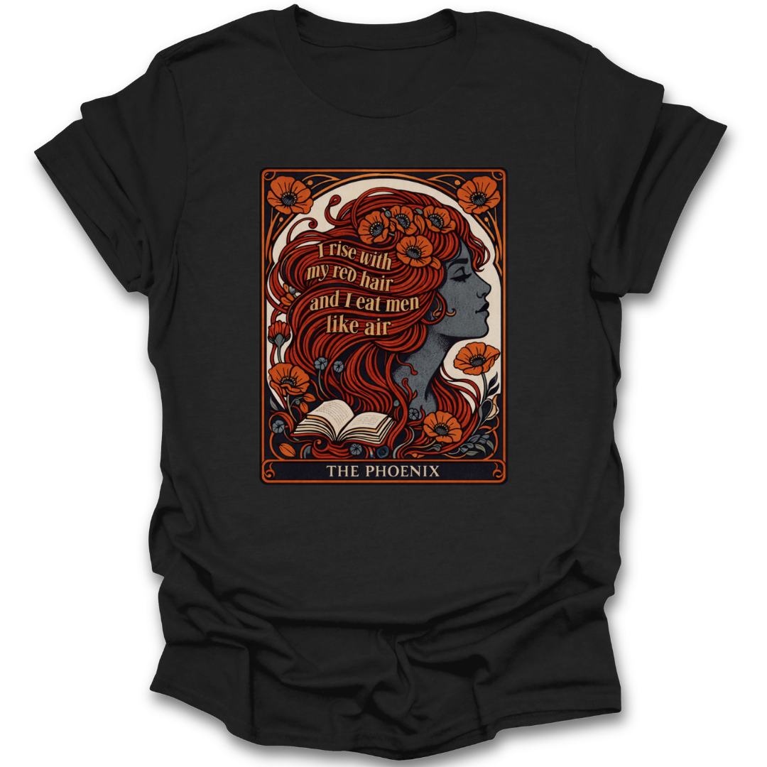 Black t-shirt with a graphic design featuring a woman with red hair and text on a white background plath poem phoenix book reading literary t shirt