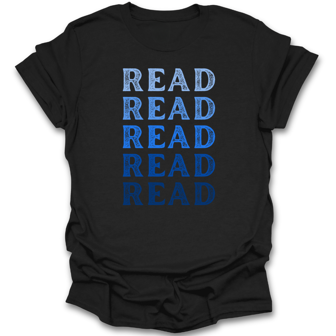 Black t-shirt with blue 'READ' text on a white background vintage book reading literary t shirt