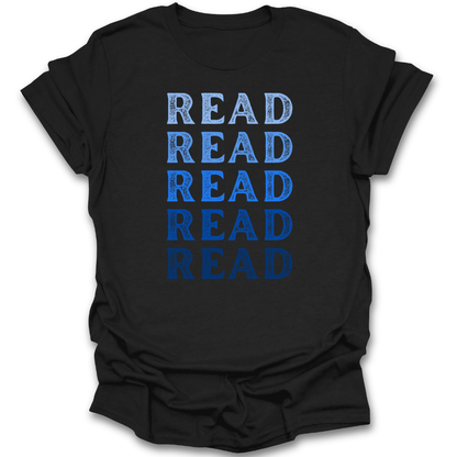 Black t-shirt with blue 'READ' text on a white background vintage book reading literary t shirt