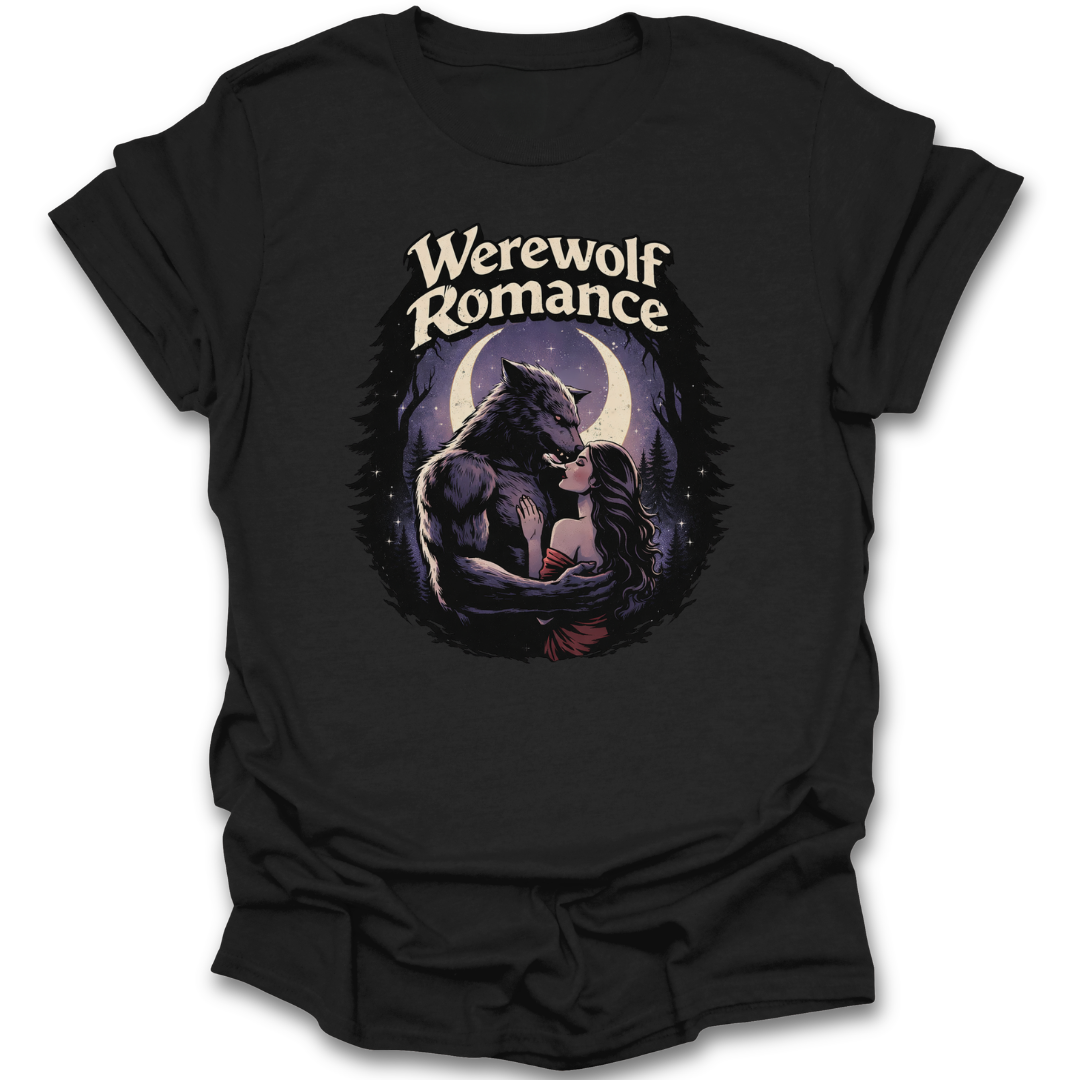 Black t-shirt with 'Werewolf Romance' graphic design featuring a werewolf and woman under a moon.  book reading literary t shirt