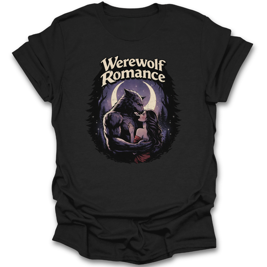 Black t-shirt with 'Werewolf Romance' graphic design featuring a werewolf and woman under a moon.  book reading literary t shirt