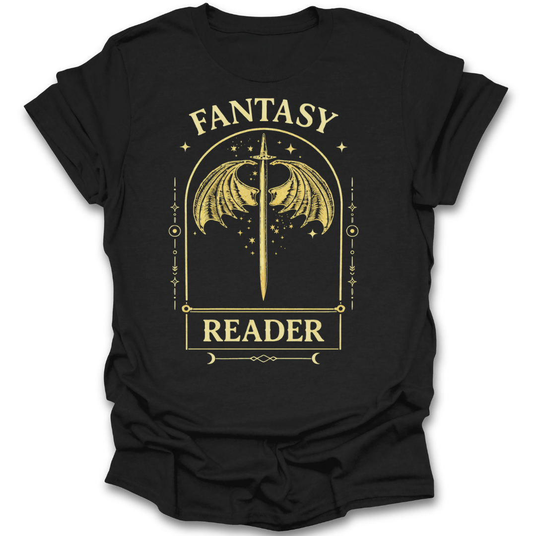 Blue t-shirt with yellow text and graphic of an open book on a white background fantasy  book reading literary t shirt