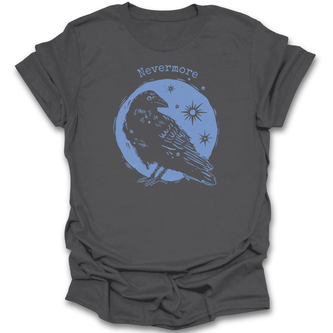 Gray t-shirt with a blue crow graphic and 'Nevermore' text on a white background funny book reading literary t shirt