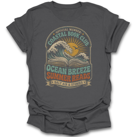 Gray t-shirt with 'Coastal Book Club' graphic design featuring waves and sun.