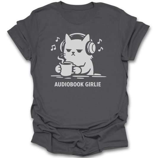 Gray t-shirt with a graphic of a cat wearing headphones and holding a mug, with 'Audiobook Girlie' text funny book reading literary t shirt