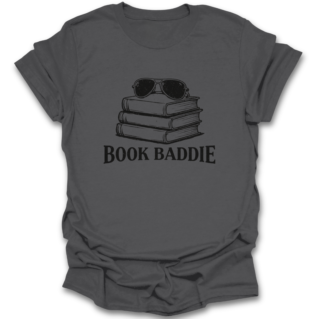 Gray t-shirt with 'Book Baddie' graphic design featuring books and sunglasses on a white background funny book reading literary t shirt