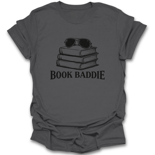 Gray t-shirt with 'Book Baddie' graphic design featuring books and sunglasses on a white background funny book reading literary t shirt